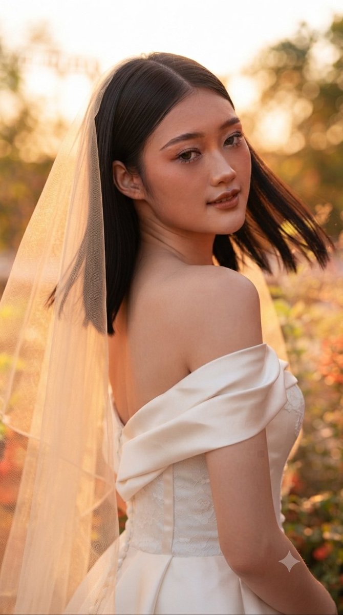 一组电影感的新娘肖像作品，捕捉一位优雅的年轻女性，她拥有顺直的黑发和温暖而有表现力的眼睛，身着一袭优雅的白色缎面与蕾丝露肩婚纱，搭配结构感明显的...