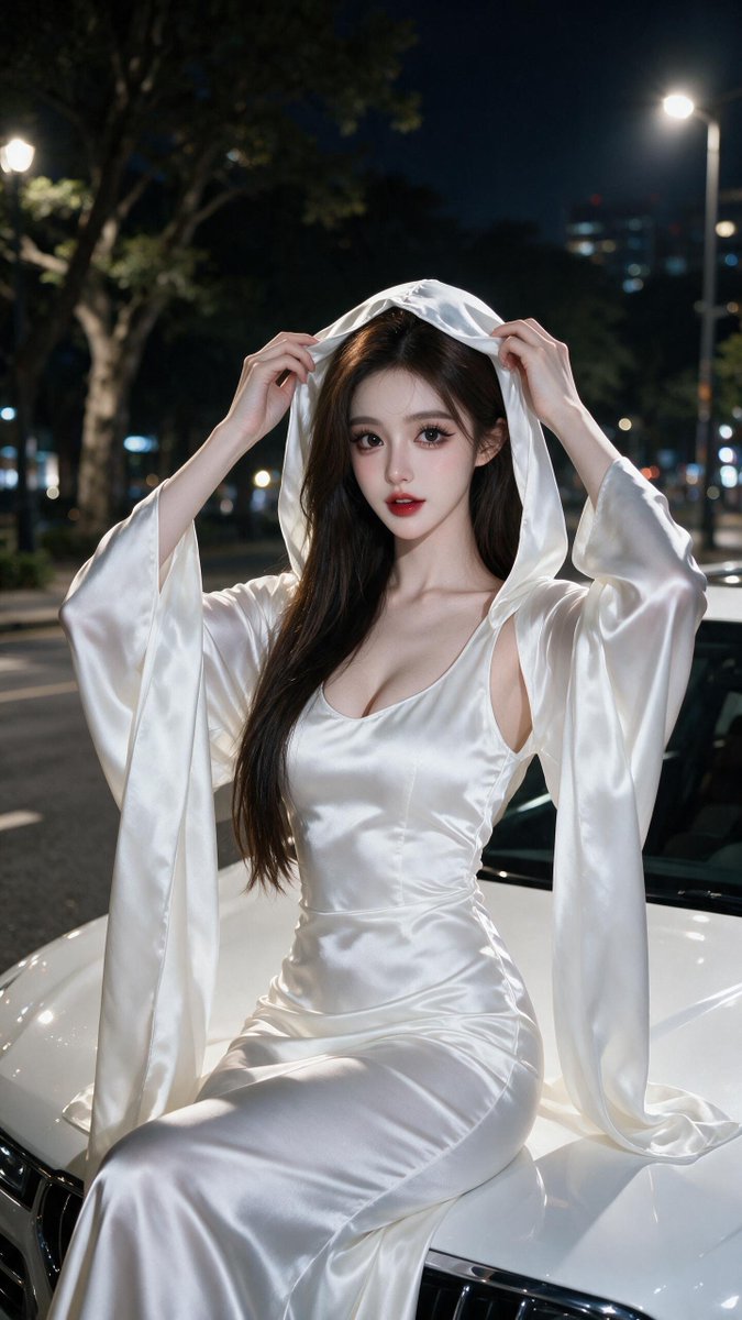 [Seedream 提示词] 一位令人惊艳的年轻东亚女性，长长的深棕色直发如瀑布般垂落在一侧肩头，白皙如瓷的肌肤，一双大而无辜的鹿眼配以浓重妆容...