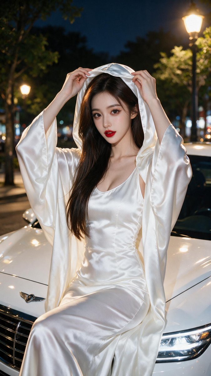 [Seedream 提示词] 一位令人惊艳的年轻东亚女性，长长的深棕色直发如瀑布般垂落在一侧肩头，白皙如瓷的肌肤，一双大而无辜的鹿眼配以浓重妆容、锋利的眼线，以及大胆的红唇，夜晚时分优雅地坐在...