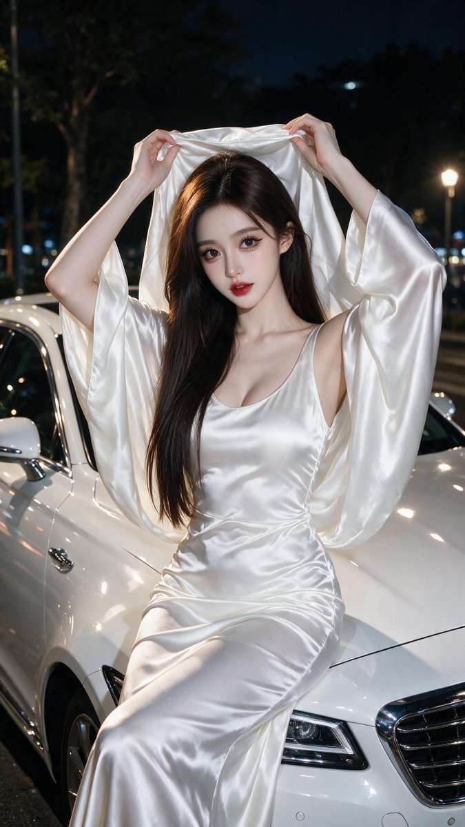 [Seedream 提示词] 一位令人惊艳的年轻东亚女性，长长的深棕色直发如瀑布般垂落在一侧肩头，白皙如瓷的肌肤，一双大而无辜的鹿眼配以浓重妆容、锋利的眼线，以及大胆的红唇，夜晚时分优雅地坐在...