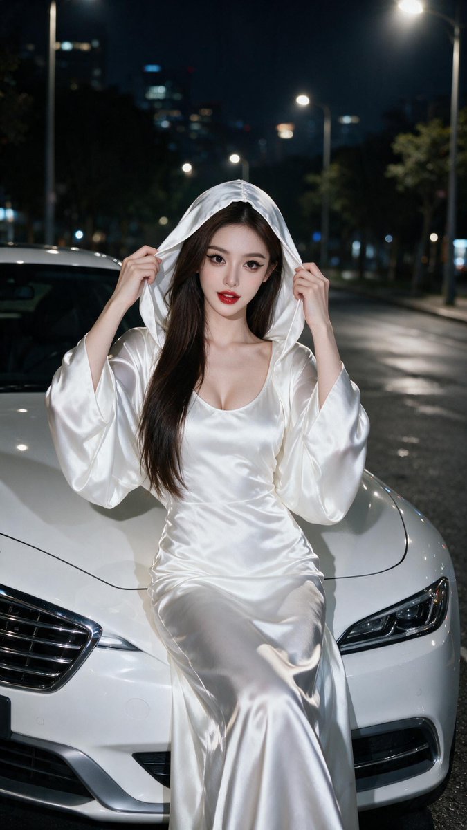 [Seedream 提示词] 一位令人惊艳的年轻东亚女性，长长的深棕色直发如瀑布般垂落在一侧肩头，白皙如瓷的肌肤，一双大而无辜的鹿眼配以浓重妆容、锋利的眼线，以及大胆的红唇，夜晚时分优雅地坐在...