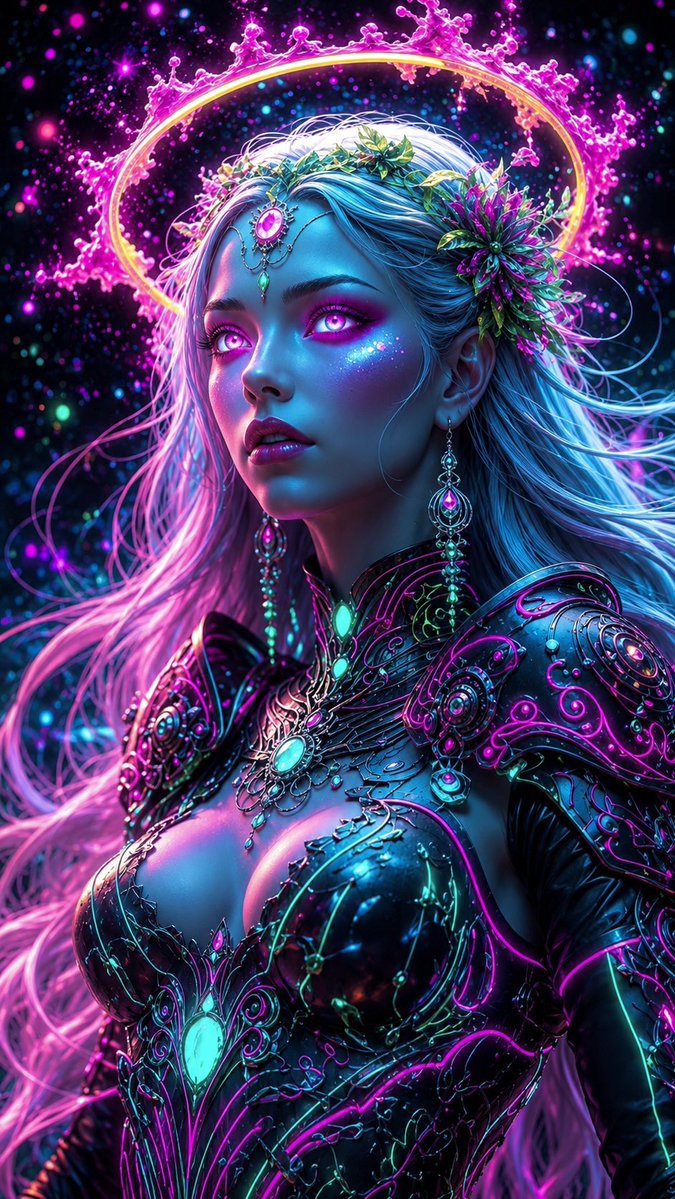 一位发光的赛博奇幻女神，身着华丽的黑色生物机械铠甲，其上刻有发光的青色、洋红和翡翠色电路。她有着飘逸的银蓝色长发，佩戴着花卉饰品和镶有宝石的耳环...