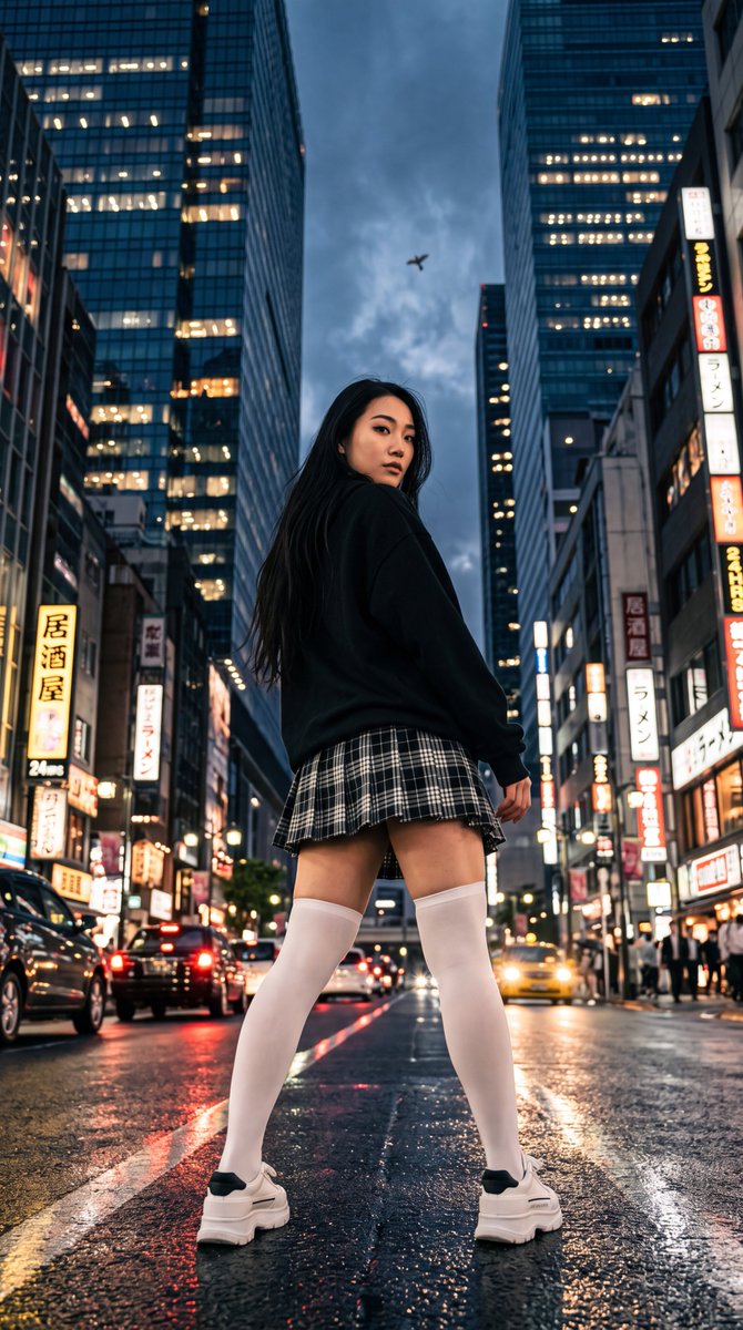 [Nano Banana Prompt] 低角度仰拍，一位年轻东亚女性伫立在夜晚湿漉漉的城市街道中央，身体背对镜头但在腰部扭转，从左肩后方回头直视观者，神情平静而略带神秘。黑色长直发倾泻于背部...