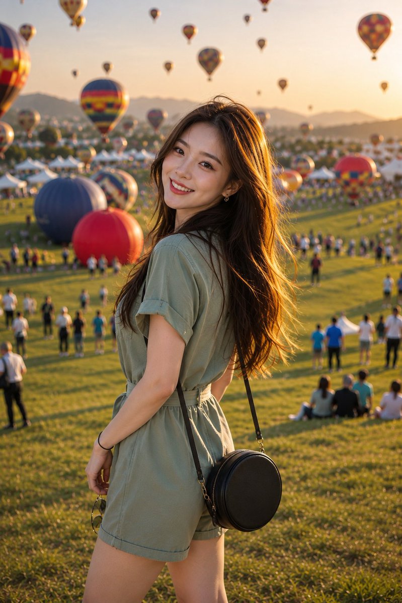 一幅极致真实的旅行人像照，画面中一位迷人的东亚年轻女子在温暖的夏日傍晚享受一场热闹的热气球节。她有着长长的、顺滑的栗棕色头发，在微风中轻轻飘动；肌肤白皙透亮，散发自然光泽；双颊带着柔和的红晕；...