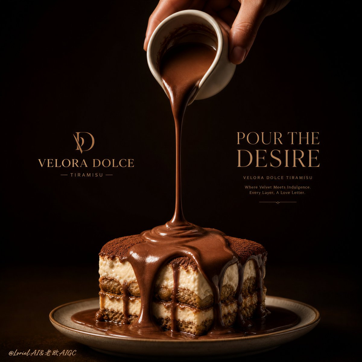 为虚构的提拉米苏品牌 VELORA DOLCE 创作一张超高端商业甜品海报，将 Milk Cloud Orbit 的触感丰富度与 Cream H...