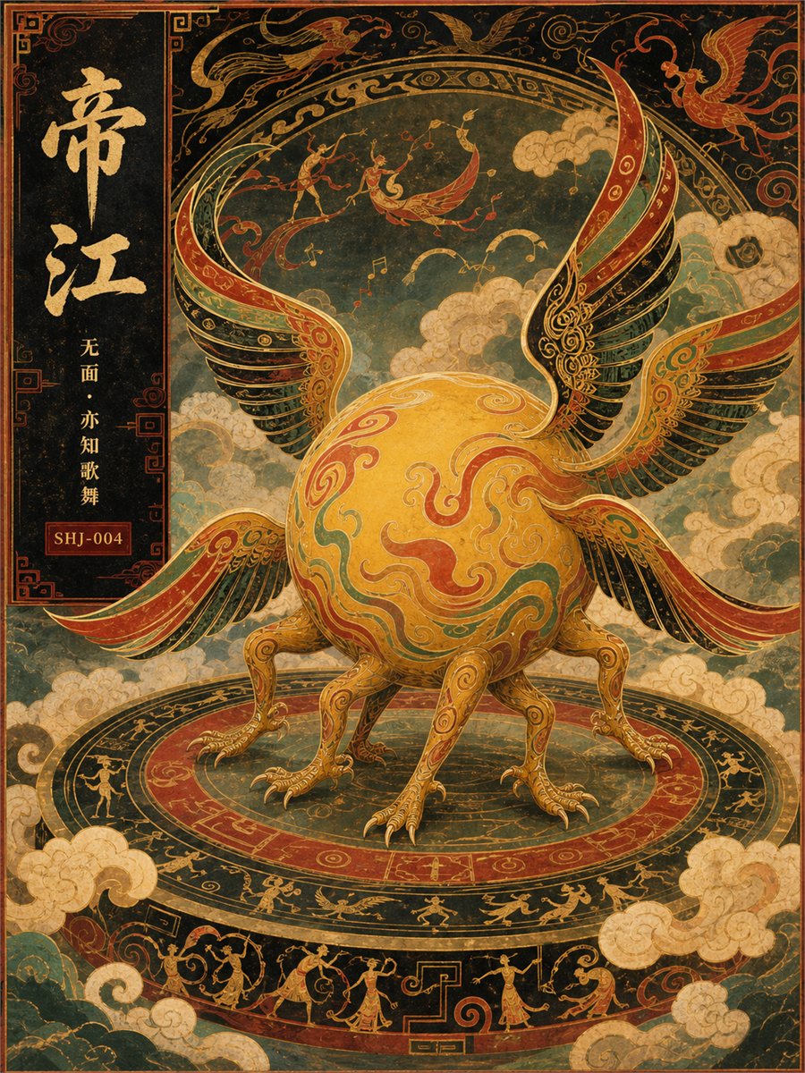 生成一张3:4竖版中文海报，系列名《山海经异兽神话图》。 主题异兽：[异兽名称]。 原典形貌：[完整写出身体结构、头部、足、翼、尾、颜色和数量]...