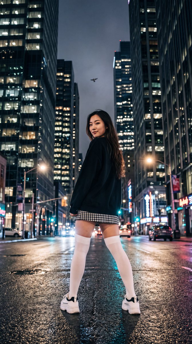 仰视低角度镜头，从下方拍摄一位年轻的东亚女性，她站在夜晚湿漉漉的城市街道中央，身体背对镜头但在腰部扭转，越过左肩回头直视观众，表情平静略带神秘。...