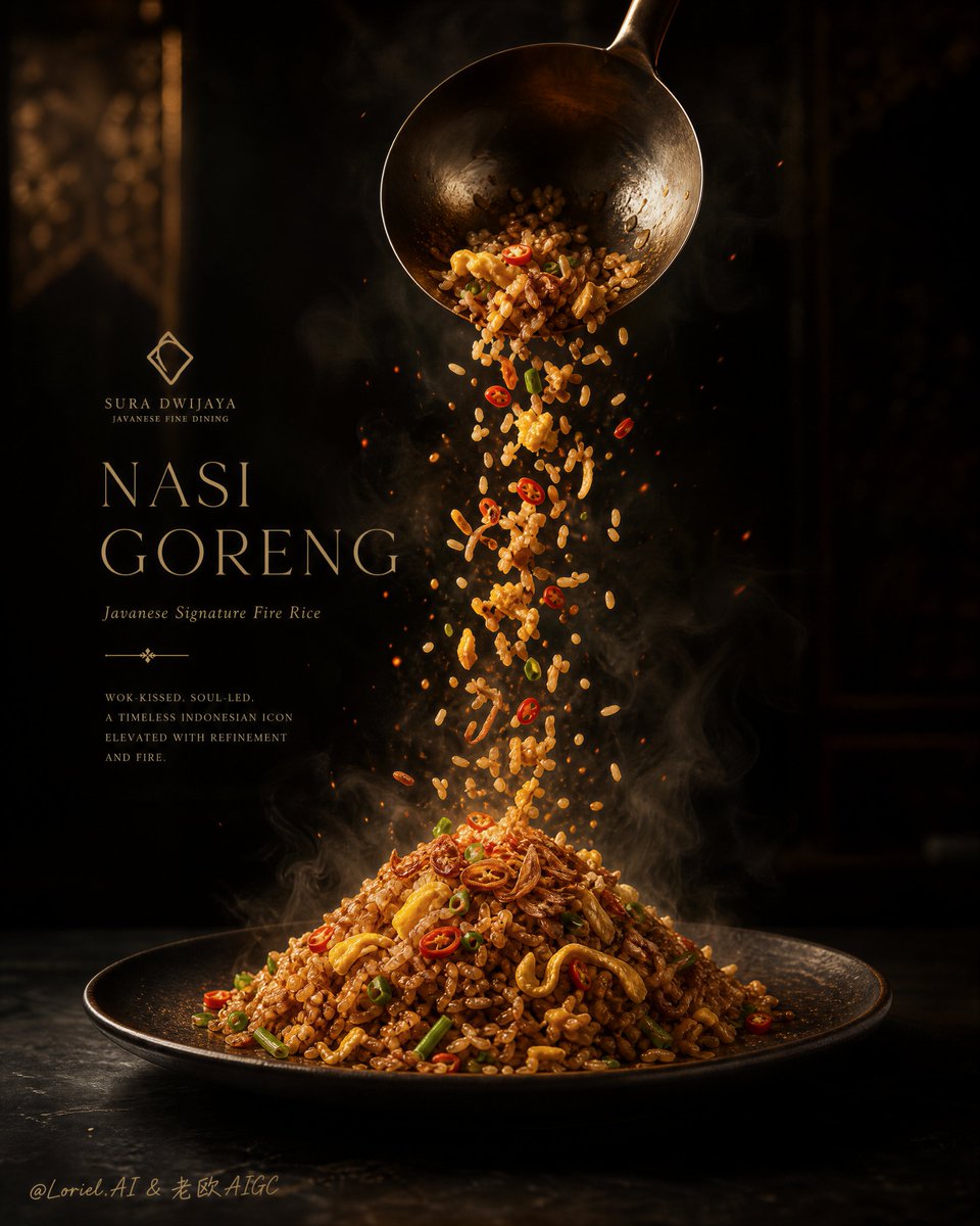 为一家顶级东南亚高端餐厅创作一幅超高端年度主视觉海报，沿用完全相同的构图骨架：以一份居中的泰式菠萝炒饭作为绝对主角，置于深色、优雅、高度受控的环...