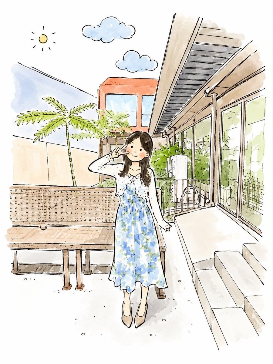 奇思妙想的水彩绘本插画，画面中的[CHARACTER]（角色）摆出[POSE]（姿势），身穿[CLOTHING]（服装），面带温柔微笑，有着小小的圆点眼睛、绯红的脸颊、简化的五官以及柔和圆润的...