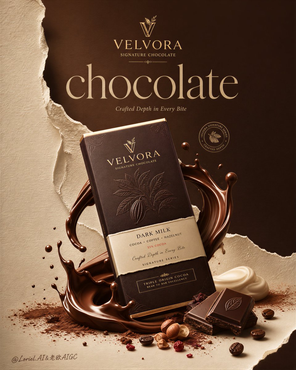 为虚构奢侈品牌VELVORA创作同一超高端巧克力系列广告的第二张海报，将Milk Cloud Orbit（牛奶云轨）的触感丰盈感与Cream H...