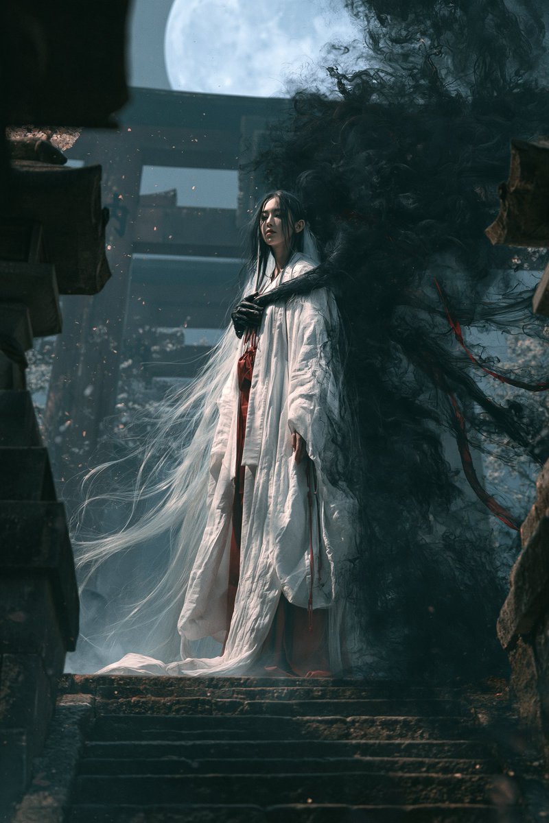 Midjourney v8.1 对比 ChatGPT：雌雄同体的巫女，长长飘动的雪白长发，优雅的白红相间巫女服饰，平静地伫立在高耸的鸟居门下的古...