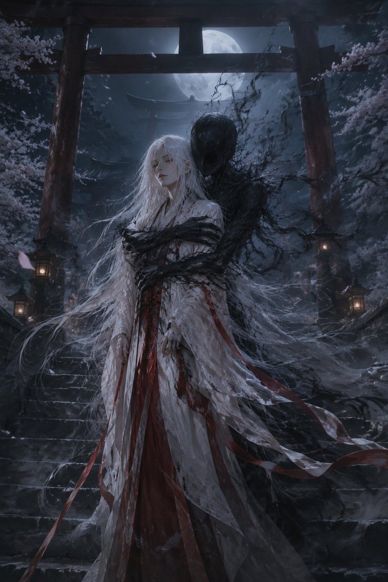 Midjourney v8.1 对比 ChatGPT：雌雄同体的巫女，长长飘动的雪白长发，优雅的白红相间巫女服饰，平静地伫立在高耸的鸟居门下的古老神社石阶上，一个由流动的黑烟与墨汁构成的无脸无...