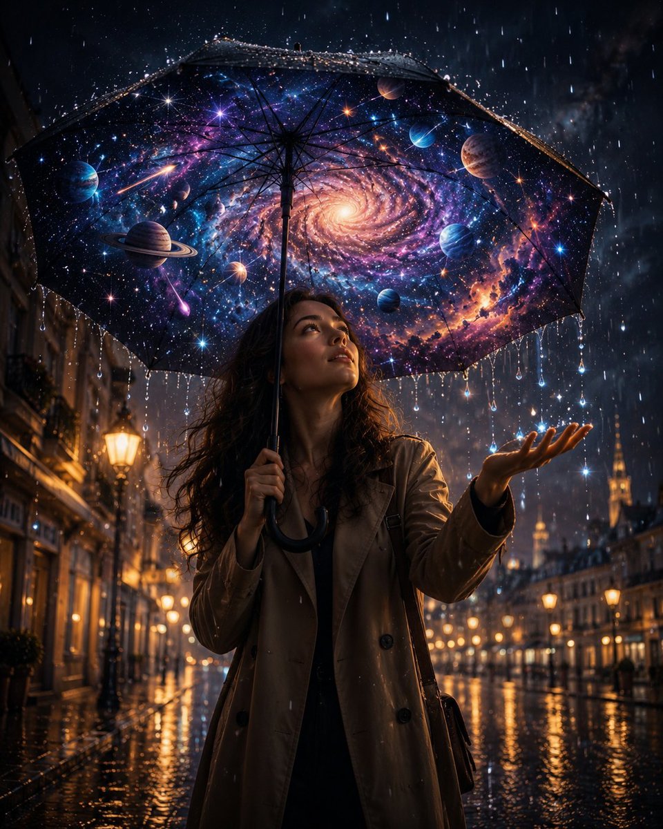 通往宇宙的伞 有时天空并不在我们头顶。 有时，我们把它随身携带。 GPT Image 2.0 提示词如下 👇 在日落后不久的细雨中，创作一个令人...