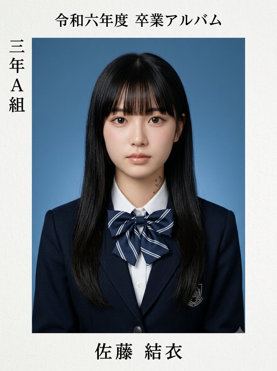 超写实的日本高中毕业纪念册肖像照，采用正式的毕业照风格，拍摄一位美丽的东亚少女。她有着长长丝滑的乌黑直发，整齐的齐刘海勾勒出脸庞，瓷白肌肤，柔和...