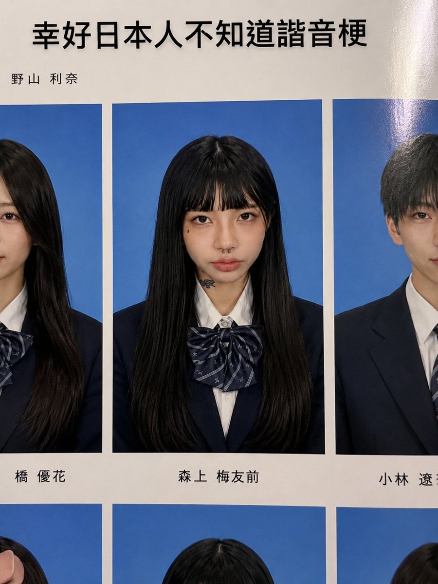 超写实的日本高中毕业纪念册肖像照，采用正式的毕业照风格，拍摄一位美丽的东亚少女。她有着长长丝滑的乌黑直发，整齐的齐刘海勾勒出脸庞，瓷白肌肤，柔和自然的妆容，淡粉色的腮红，水润的裸色唇彩，一双深...