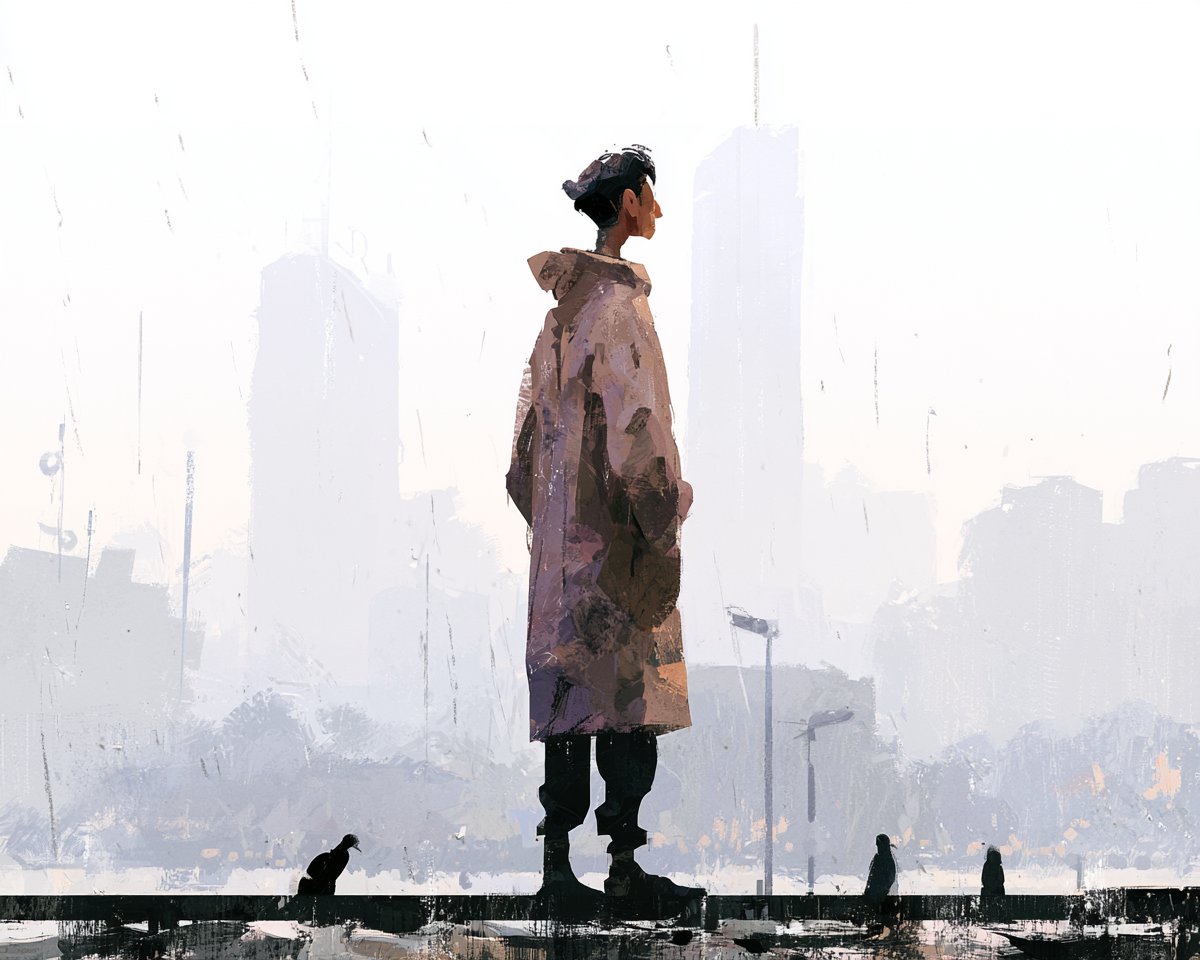 一位独自的女人身穿长款风化外套，站在雨后苍白的未来城市之上，纪念碑式尺度，下方是微小的行人，远处的塔楼消融于白雾之中，柔和的灰色与薰衣草色调，反...