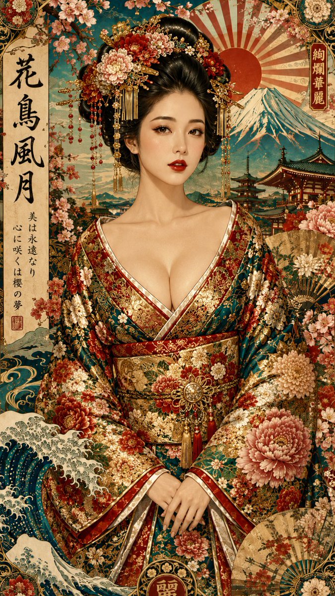 一张奢华的纵向日式风格人像海报，画面中是一位优雅的女子，身着以青绿、朱红与金色花卉纹样装饰的华丽和服，正面端坐，双手轻柔交叠。她富有光泽的黑色发...