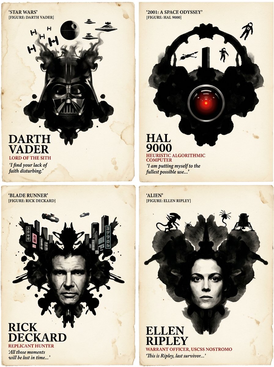 2x2 网格 1:1 为4本著名科幻书籍执行此操作: SELECT typography_block, central_inkblot, the...