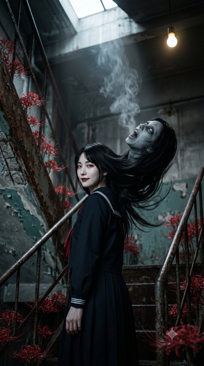 电影感超写实照片，双重人格恐怖肖像，一位身穿日本水手校服的年轻女子平静地回眸看向镜头，苍白瓷质皮肤，深红色嘴唇，微妙会意的表情，长黑发飘动， 在她身后，第二个幽灵般的身影从同一团黑发中浮现，头...