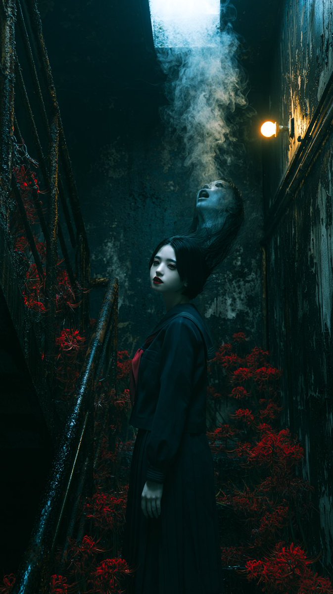 电影感超写实照片，双重人格恐怖肖像，一位身穿日本水手校服的年轻女子平静地回眸看向镜头，苍白瓷质皮肤，深红色嘴唇，微妙会意的表情，长黑发飘动， 在她身后，第二个幽灵般的身影从同一团黑发中浮现，头...