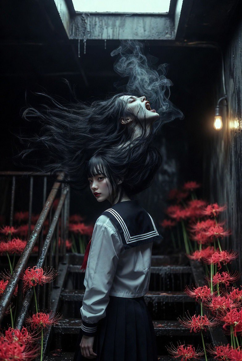 电影感超写实照片，双重人格恐怖肖像，一位身穿日本水手校服的年轻女子平静地回眸看向镜头，苍白瓷质皮肤，深红色嘴唇，微妙会意的表情，长黑发飘动， 在她身后，第二个幽灵般的身影从同一团黑发中浮现，头...