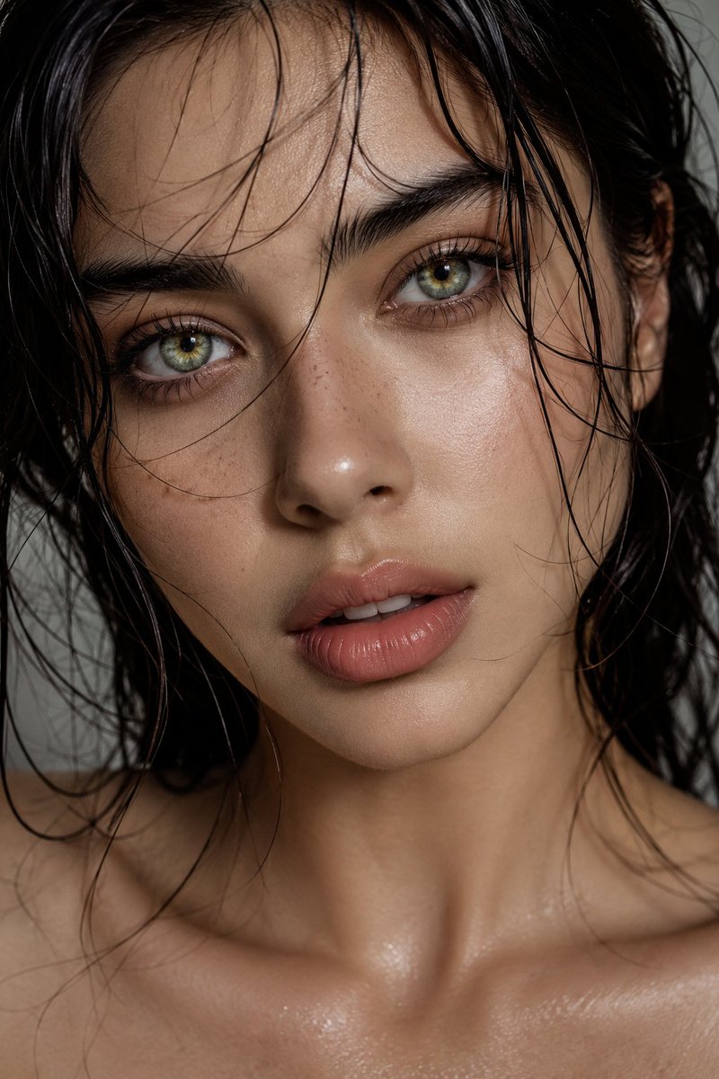 一张超写实的微距美妆人像肖像，描绘一位极其美丽的年轻女性，画面从眉骨上方裁剪至锁骨处，以毫不费力的优雅感充满整个构图。她直视镜头，带着柔和而富有磁性的神情，既自信又亲密。她饱满的玫瑰裸色丝缎质...