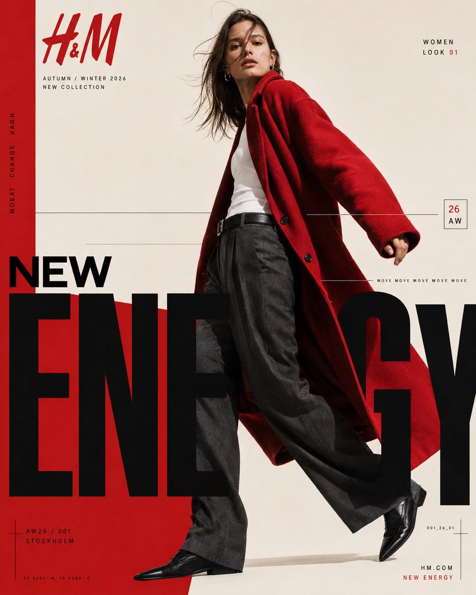 H&M — “NEW ENERGY / AW26” 当代时尚编辑海报 格式 4:5 竖版 | 超高分辨率 | 完成的平面设计海报 高端国...
