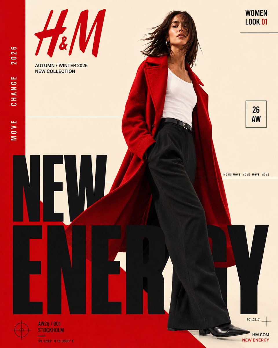 H&M — “NEW ENERGY / AW26” 当代时尚编辑海报 格式 4:5 竖版 | 超高分辨率 | 完成的平面设计海报 高端国际 H&M 2026 秋冬时尚 camp...