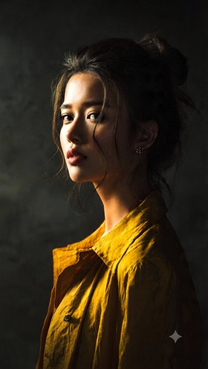 一张戏剧性的中景人像照：深色头发随意盘成发髻，几缕松散的发丝垂落在脸颊两侧。她以侧脸入镜，思绪万千地回头凝望。她身穿一件质感粗犷的芥末黄纽扣衬衫...