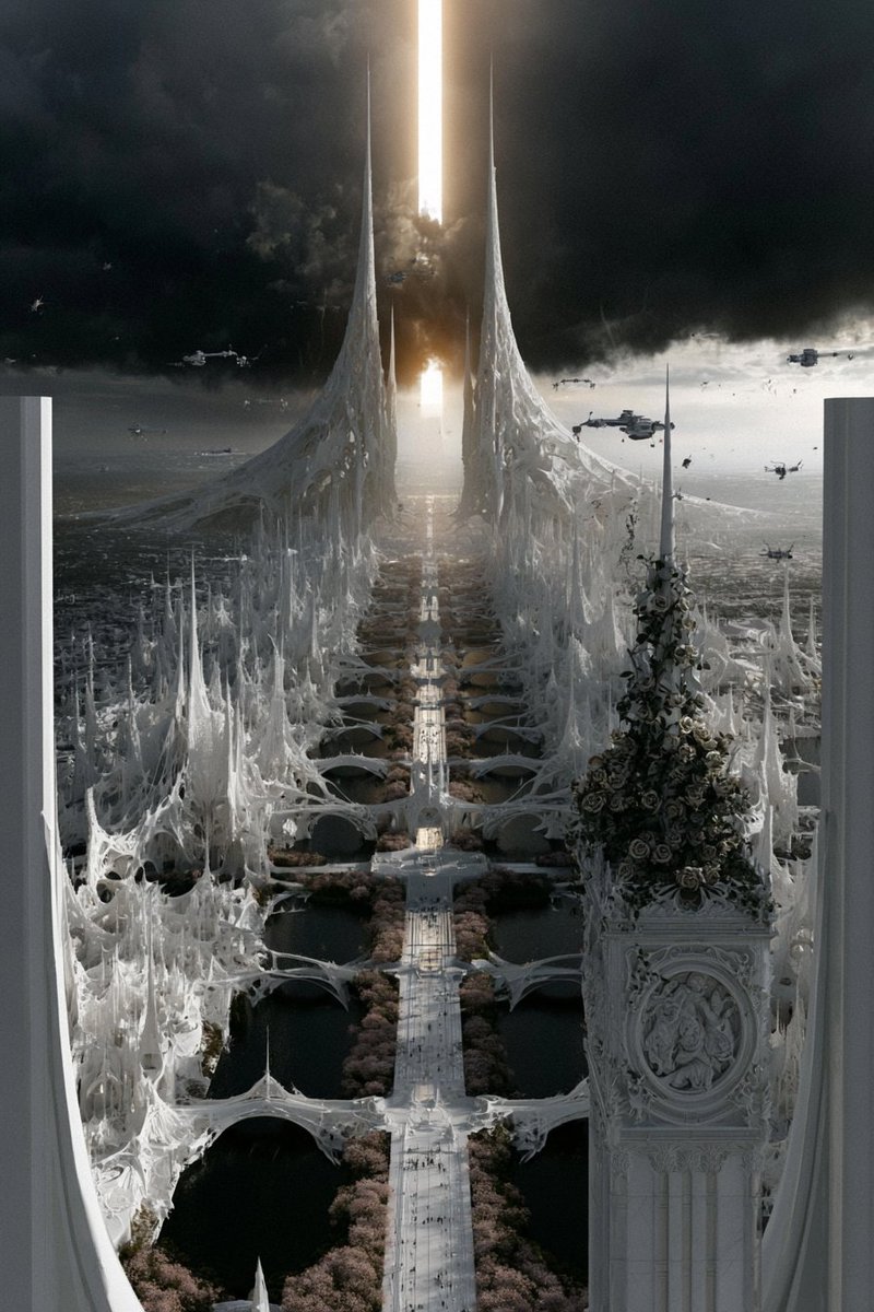 超现实的生物有机奇幻科幻3D渲染，蔓延的未来主义哥特巨型都市，由骨质白色的生物机械尖塔建造而成，形态类似融化的蜡或珊瑚结构，两座高耸的双子针状尖塔刺穿消失点处的风暴云，沿宽阔中央林荫大道对称的...