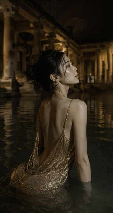 GPT Image 2 on ChatGPT Rome Bath｜4 Prompt ⬇️⬇️⬇️ 一位年轻成年东亚女性站在英国巴斯古罗马浴场的温泉池中，画面从头顶拍至水下臀部附近。人物位于画面...