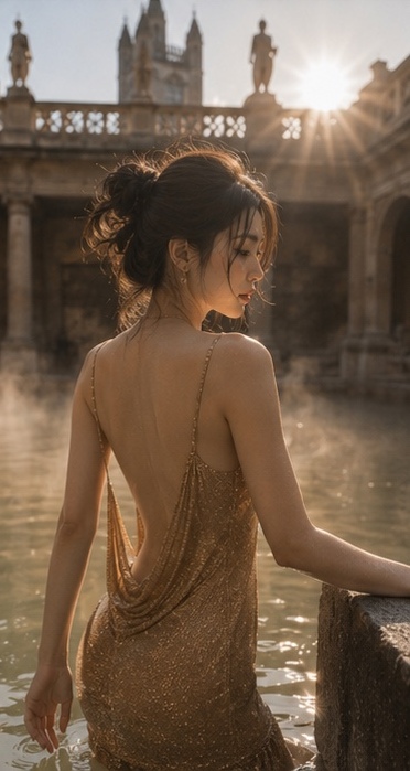 GPT Image 2 on ChatGPT Rome Bath｜4 Prompt ⬇️⬇️⬇️ 一位年轻成年东亚女性站在英国巴斯古罗马浴场的温泉池中，画面从头顶拍至水下臀部附近。人物位于画面...