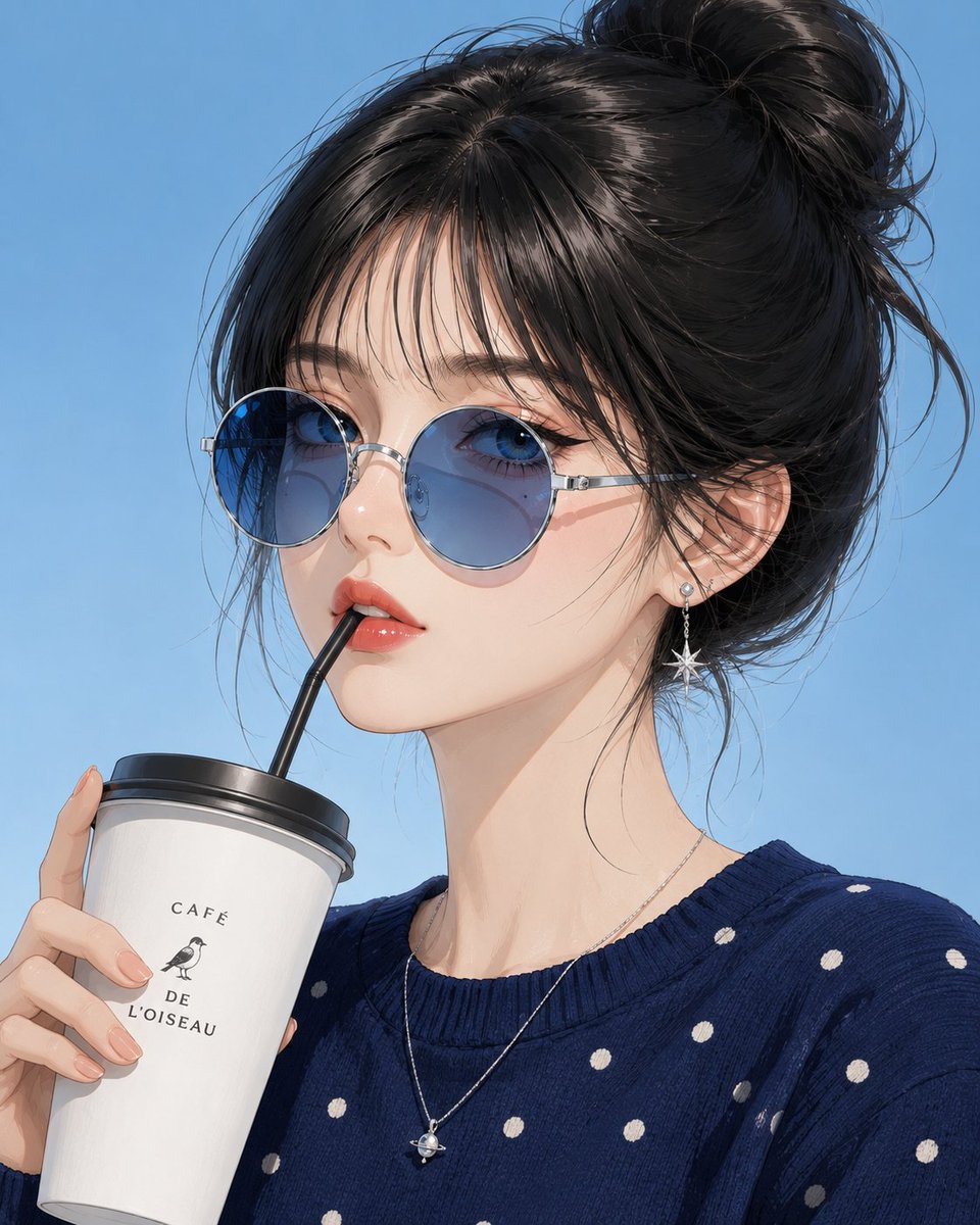 创作一幅超精细的动漫时尚编辑风格人像肖像：一位时尚年轻女性，拥有无瑕的瓷器般肌肤、深蓝色双眸、光泽珊瑚色唇妆，以及如丝般柔顺的乌黑长发，梳成随性...