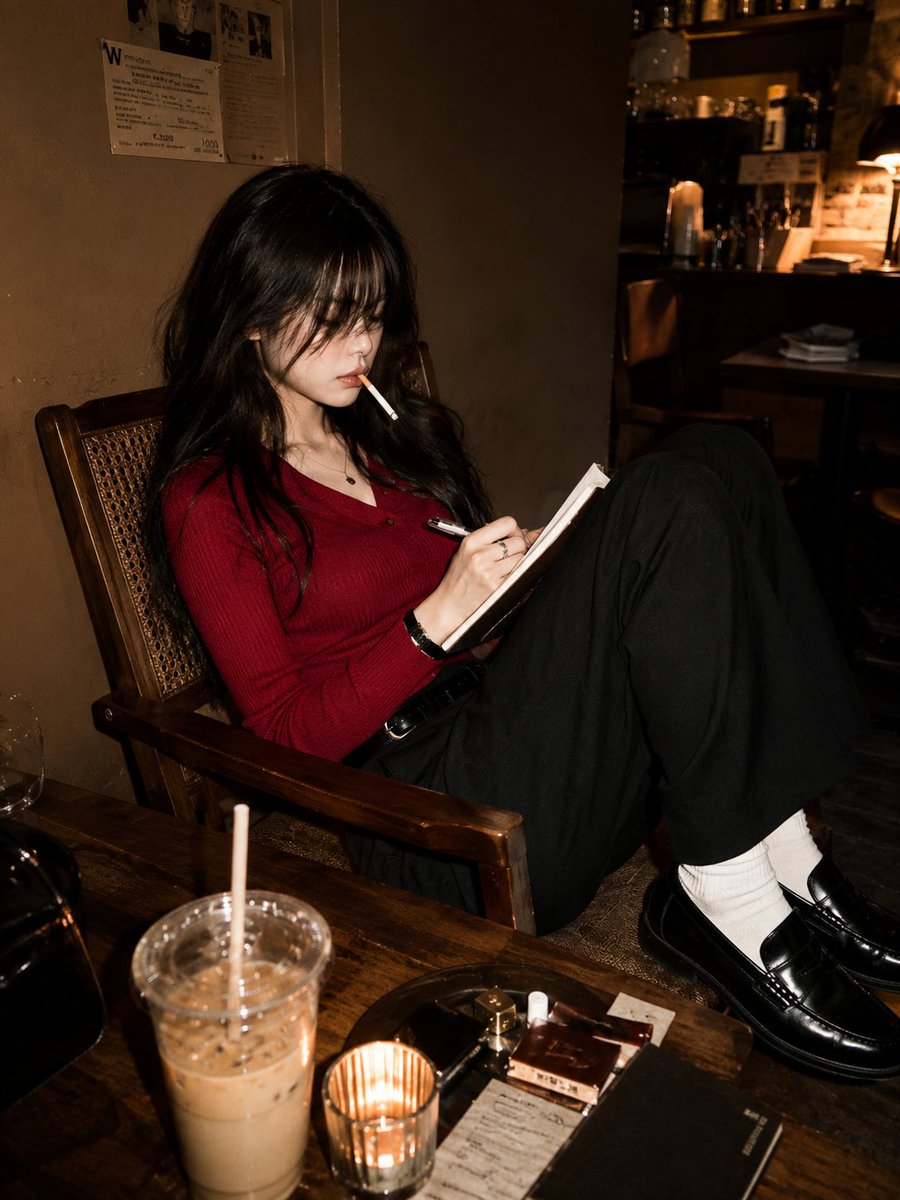 超写实电影感编辑级人像：一位极其美丽的年轻日本女性，拥有令人着迷的深棕色眼眸与飘逸丝滑的乌黑长发，随意地坐在一家温馨的奢华咖啡馆中。她靠在复古木...