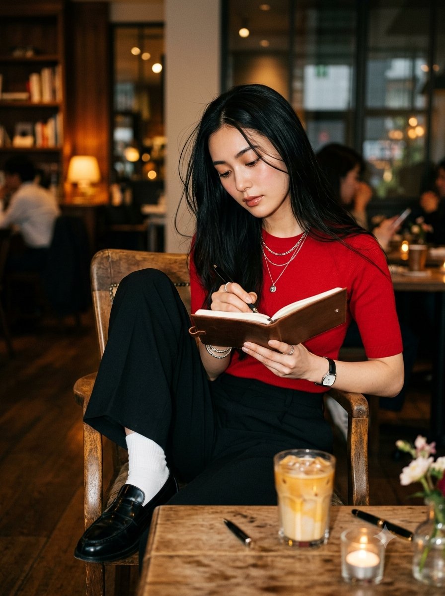 超写实电影感编辑级人像：一位极其美丽的年轻日本女性，拥有令人着迷的深棕色眼眸与飘逸丝滑的乌黑长发，随意地坐在一家温馨的奢华咖啡馆中。她靠在复古木椅上，单膝微抬，在一本精致的皮质笔记本上书写，低...