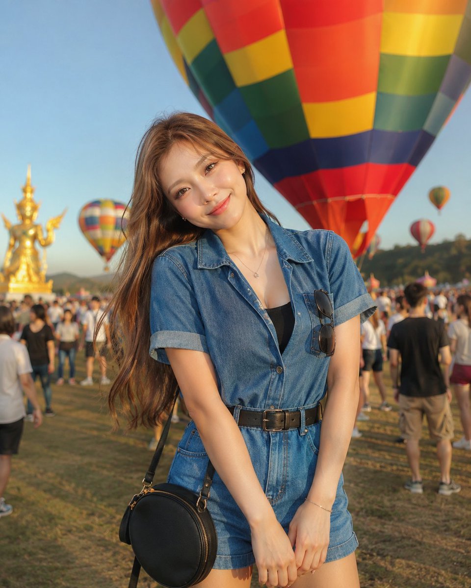 黄金时段，在色彩缤纷的热气球节上，一位美丽的年轻东亚女性甜美微笑的生动户外肖像。她拥有自然飘垂的丝滑浅棕色长发、白皙透亮的肌肤、柔和的玫瑰色面颊、温暖的棕色眼睛、细腻的裸妆以及光泽的粉唇。她身...