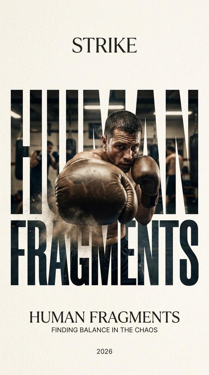创建一个 9:16 比例的编辑海报,使用 HUMAN FRAGMENTS 视觉系统。 主题:[Theme] 主体:[Subject Description] 动作:[Action Descri...