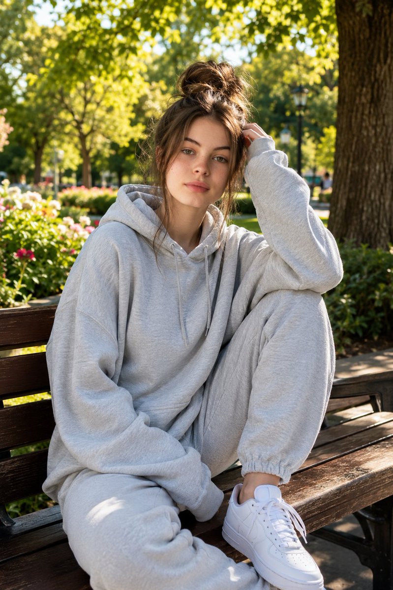 一位迷人的年轻女子慵懒地坐在郁郁葱葱的城市公园中的木质长椅上,正值阳光明媚的下午。她身穿浅灰色超大号连帽衫和配套的慢运动裤,脚踩干净的白色彩色运...