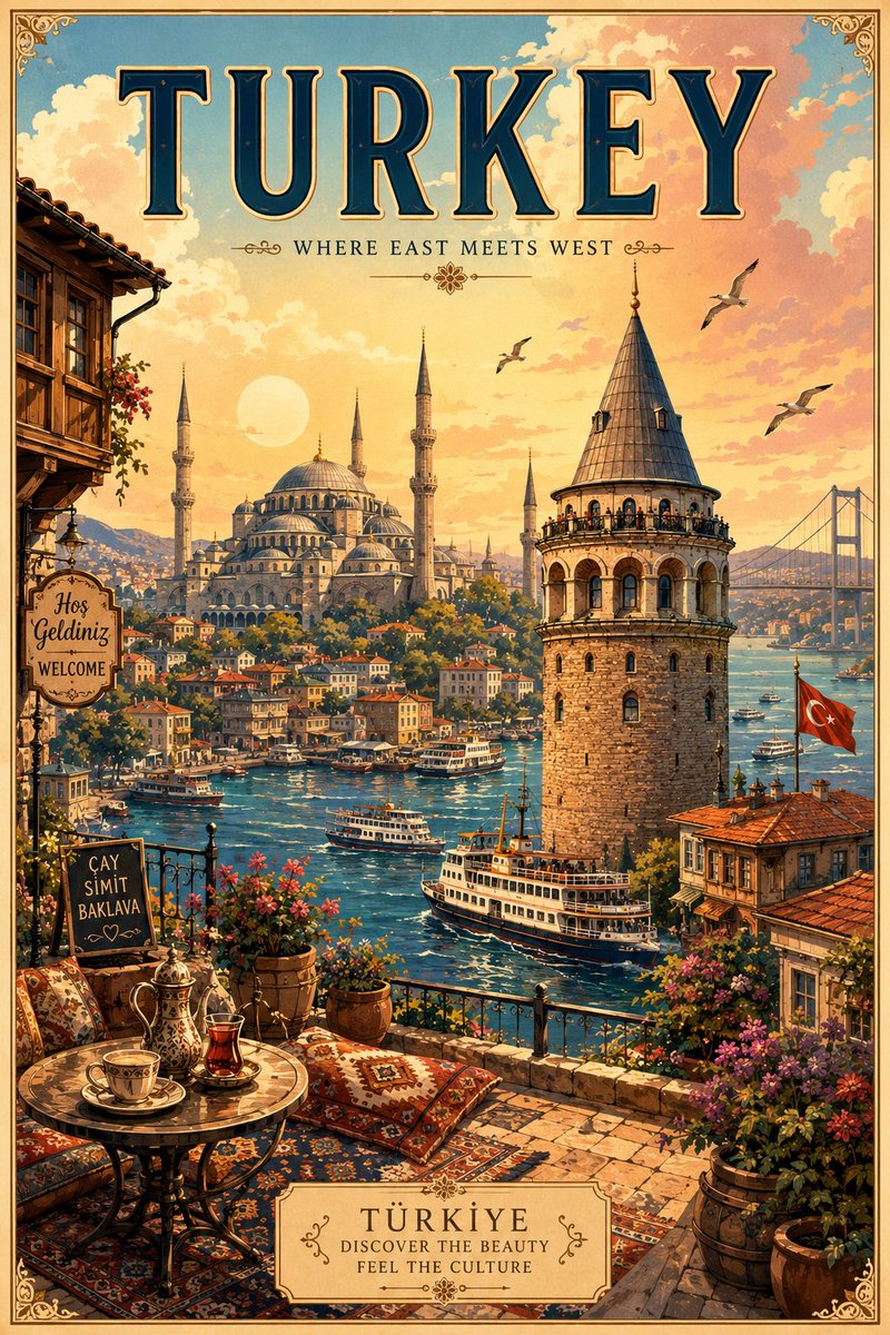 复古插画旅行海报 为 [DESTINATION] 创作一幅迷人的竖版插画旅行海报，灵感来自色彩缤纷的复古欧洲旅游海报、异想天开的童话故事插画以及...