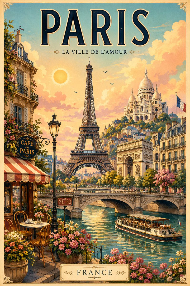 复古插画旅行海报 为 [DESTINATION] 创作一幅迷人的竖版插画旅行海报，灵感来自色彩缤纷的复古欧洲旅游海报、异想天开的童话故事插画以及经典的旅行明信片。 在顶部添加醒目优雅的大写排版...