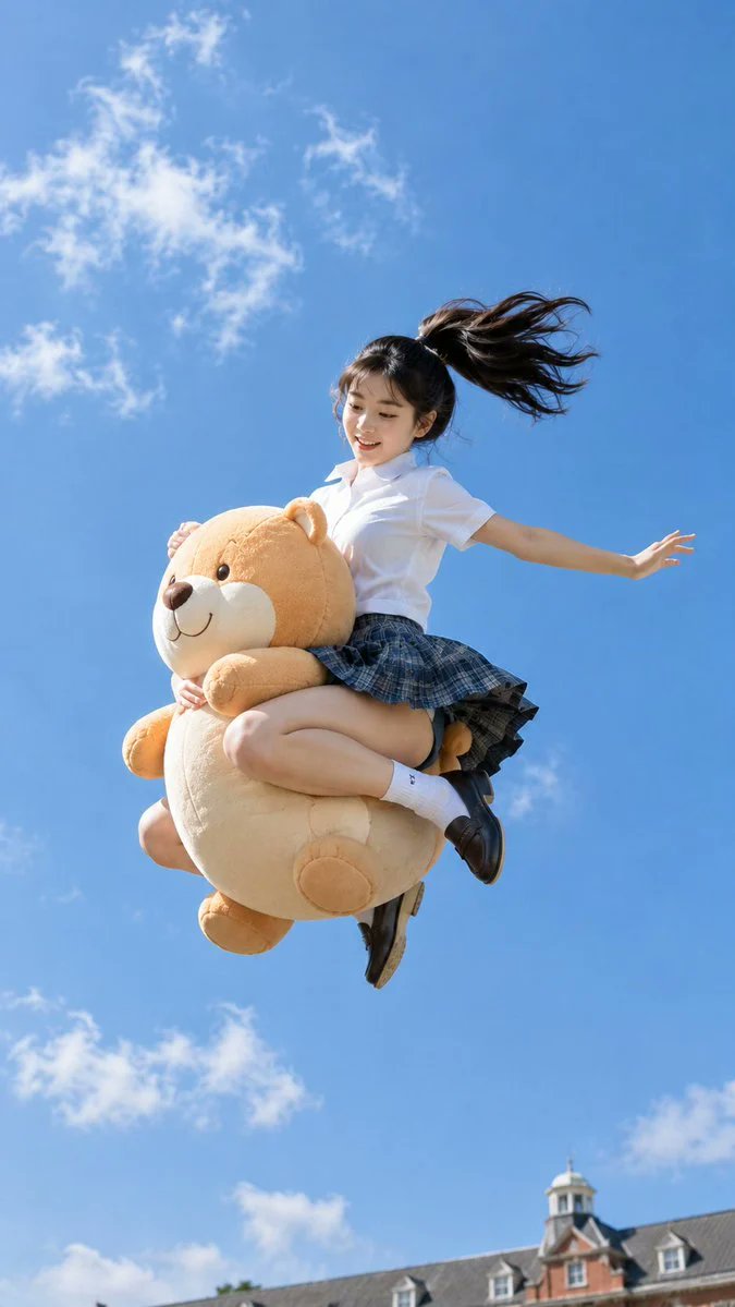 创建一张 9:16 比例的写实户外照片，内容为一位 20 岁的东亚女大学生在相机上方高高跃起。 角色： 自然、生动的面部，无面具，写实的皮肤质感...