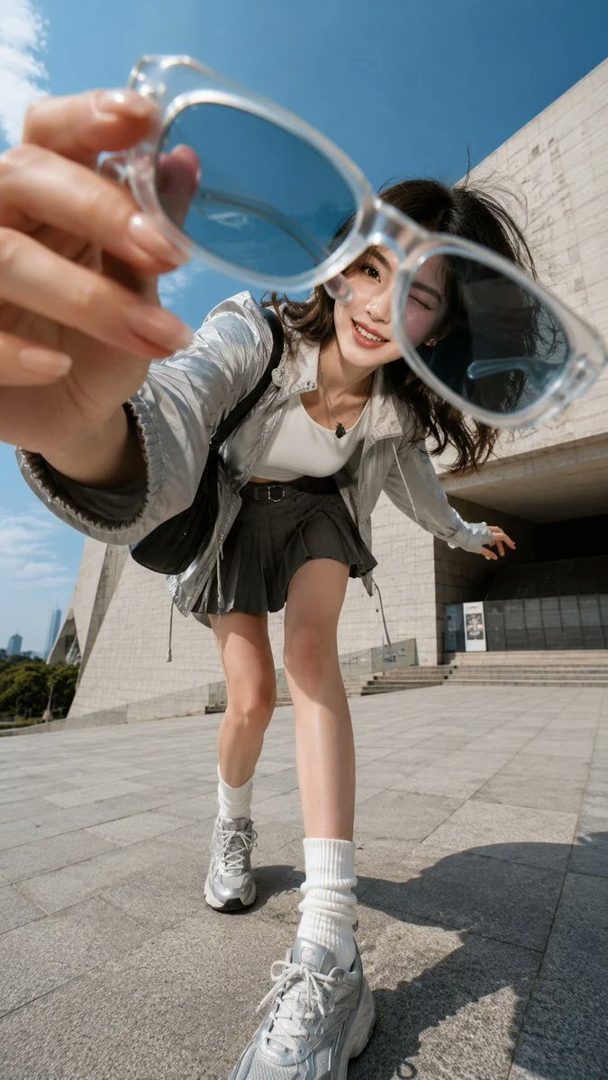 [主体] 一位具有自然、真实外观的成年年轻女性 [服装] 指定服装、鞋子和配饰 [场景] 指定城市桥梁、广场、网球场、地铁台阶等 [动作] 指定伸手朝向镜头、靠近镜头、伸出一条腿或展示一个物体...