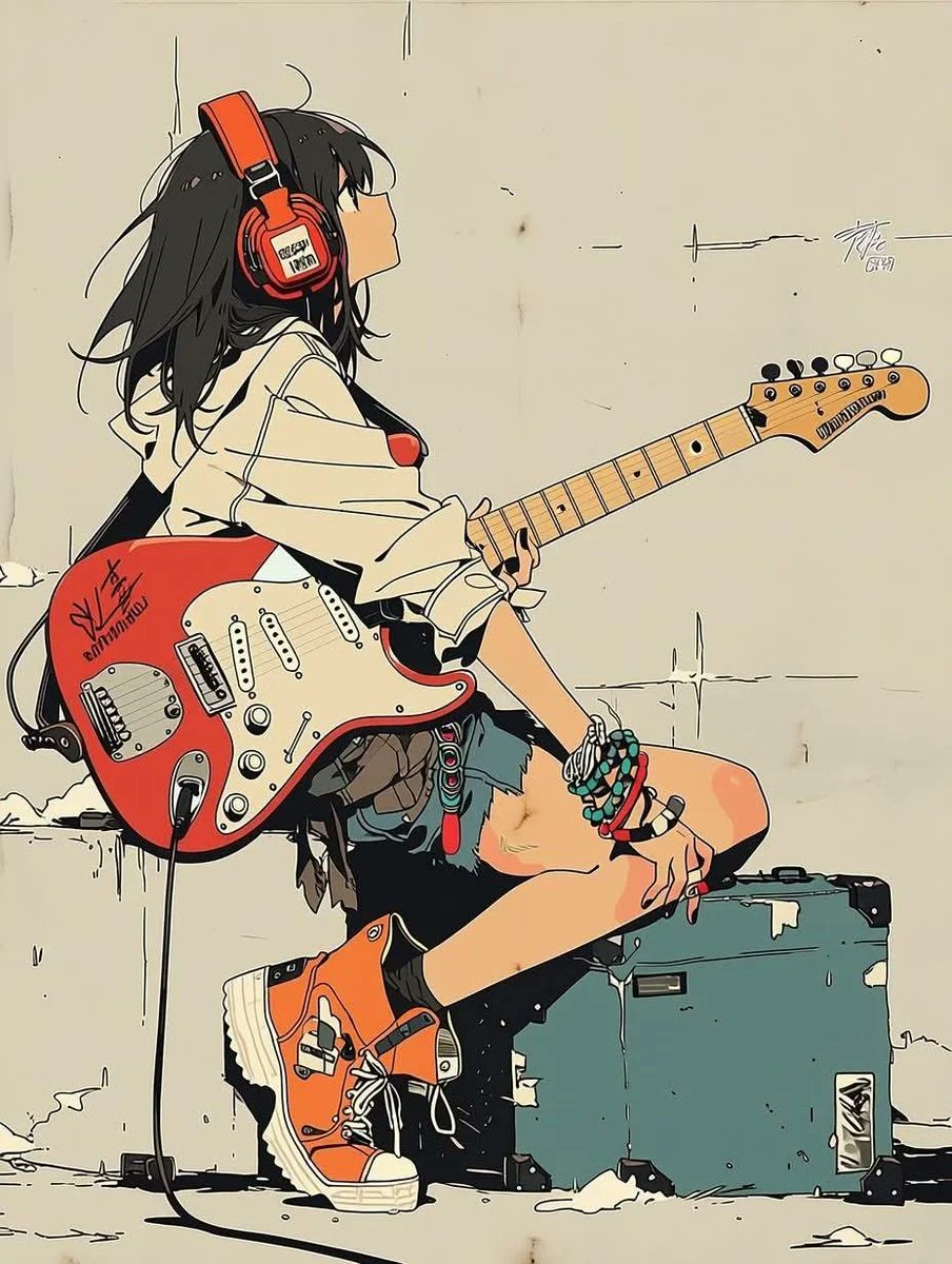 极简动漫插画：一位时髦的青少年女孩坐在一台复古吉他音箱上，弹奏着珊瑚橙色的 Fender Stratocaster 电吉他，头戴超大红色耳机，身穿超大米色连帽衫、宽松牛仔短裤、松垮长袜和厚底复...