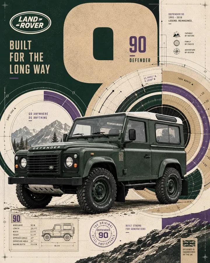 高冲击力汽车海报，以锐利的侧前四分之三视角展示 [VEHICLE]，置于画面下半部分，周围环绕密集的轨道式构图，包含与车轮同心的圆环、分割的 [ACCENT] 圆盘、黑色径向线条、白色圆形窗口...