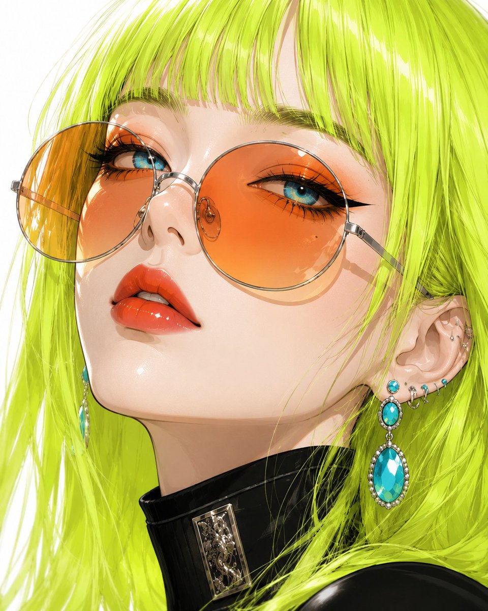 创作一幅超精细的奢华动漫美妆编辑级肖像，描绘一位时尚年轻女性：瓷白无瑕的肌肤、如丝般顺滑的霓虹电光酸橙色长发剪以齐整的平刘海，配以惊艳的水蓝色双...
