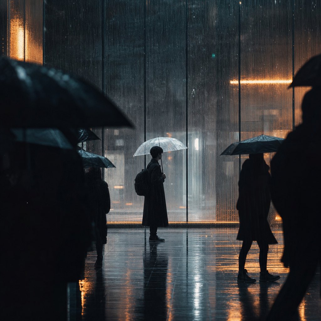 垂直电影感雨天城市街道摄影，框架构图，前景两侧打伞行人的模糊黑色剪影形成框架，中央人物身穿长款黑色风衣并背着背包，手持透明雨伞，侧身站立，暴雨倾...
