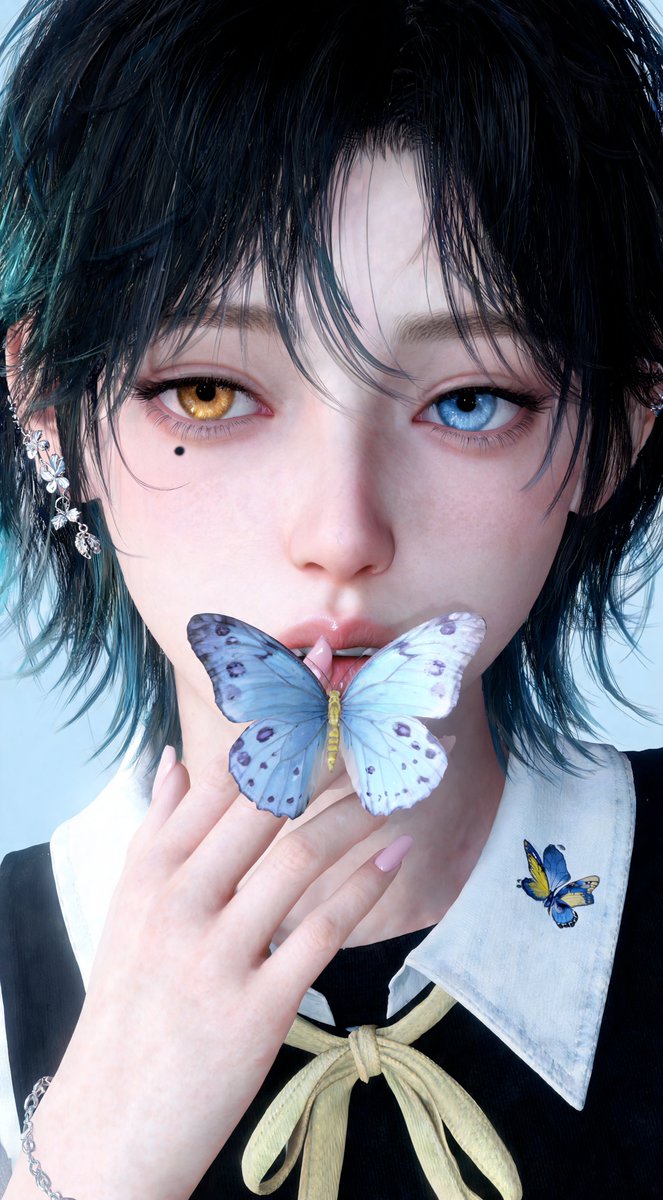 [Seedream 5.0 lite 提示词] ar 9:16 4K 一幅高度细致、超写实的年轻东亚女性近距离肖像，皮肤柔软白皙，容貌精致空灵。她留着略凌乱的黑色短发，带有微妙的蓝绿色挑染，丝...