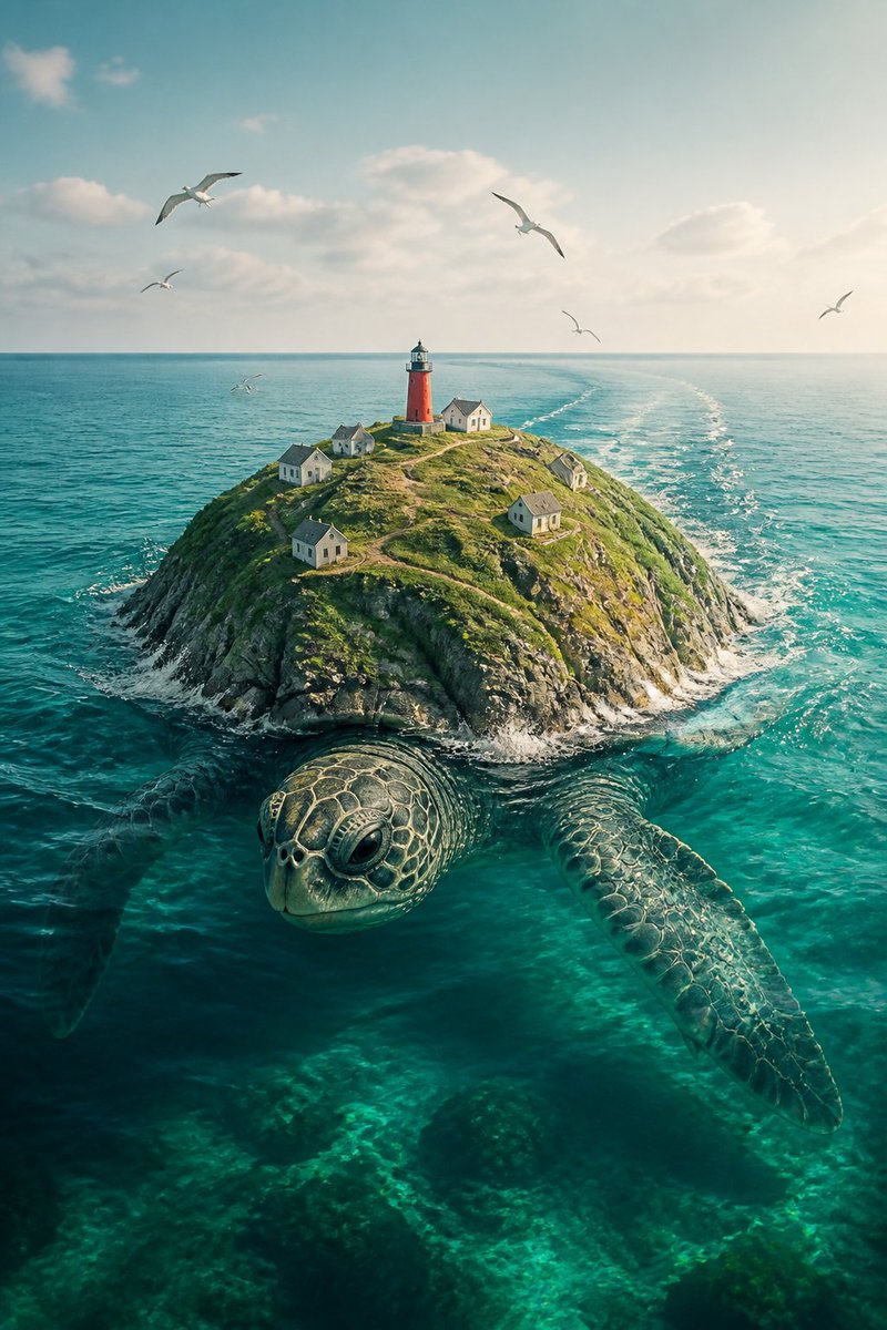 超写实风格的巨海龟在平静的青绿色海洋中游泳的画面，它的龟壳是一座覆盖着青草的绿色山丘，山丘上有小小的白色房屋，顶部有一座小型红色灯塔，海鸥在头顶...