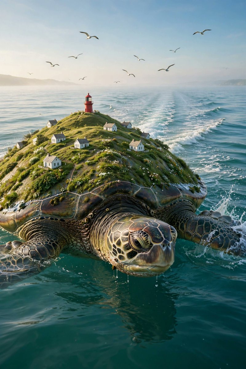 超写实风格的巨海龟在平静的青绿色海洋中游泳的画面，它的龟壳是一座覆盖着青草的绿色山丘，山丘上有小小的白色房屋，顶部有一座小型红色灯塔，海鸥在头顶飞翔。身后拖着长长的尾迹，晨光柔和，海浪轻轻拍打...