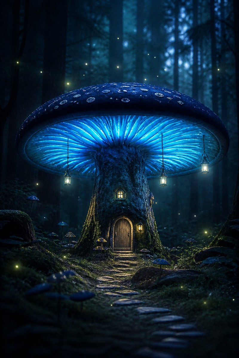 超写实风格的图像：夜晚的黑暗森林中，有一栋房子大小的巨型蘑菇，菌帽呈深蓝色，菌褶散发着生物发光的微光，菌柄上挂着小灯笼，萤火虫在周围盘旋飞舞，蘑...